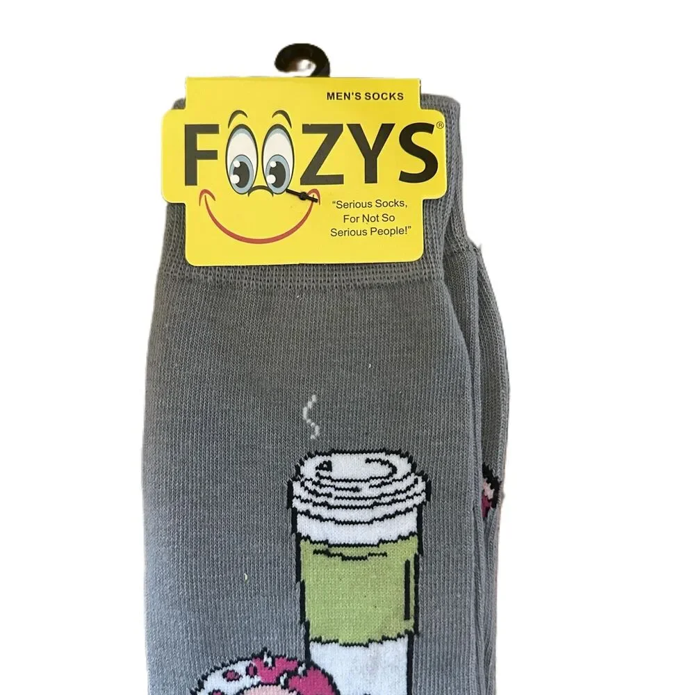 NWT Foozys Gray Coffee Donuts Patterned Crew Socks Men One Size